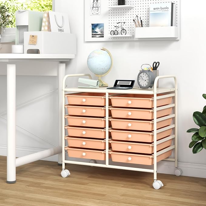 GOFLAME 12-Drawer Rolling Storage Cart, Multifunctional Art Craft Organizer Cart, Mobile Utility Storage Cart with Removable Drawers & Lockable Wheels, Craft Cart for Home Office School, Peach Fuzz