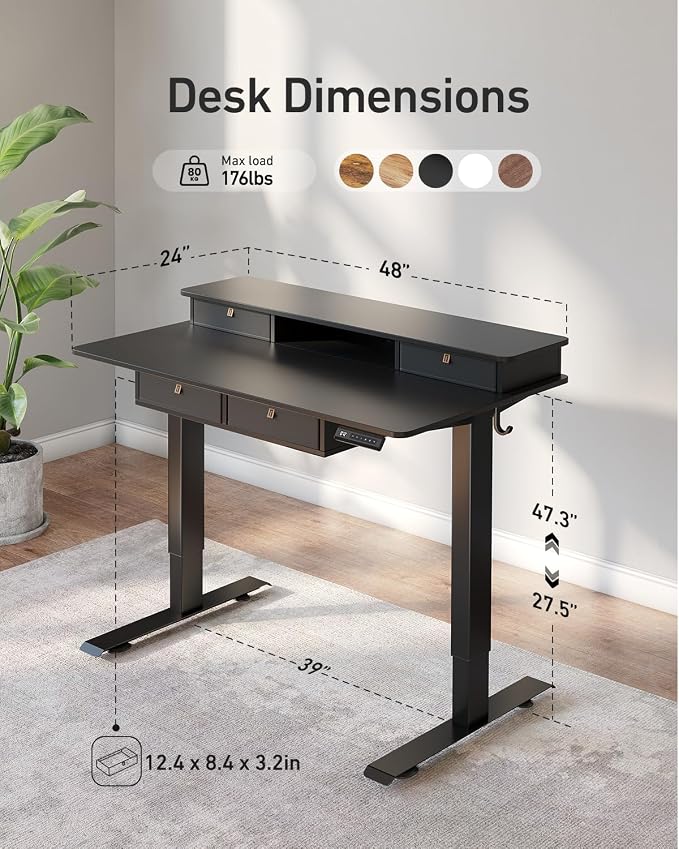 FEZIBO 48 x 24 inch Standing Desk with Drawers, Height Adjustable Electric Workstation, Computer Sit Stand Up Table with Large Storage Shelf 4 Drawers and 2 Hooks, Black