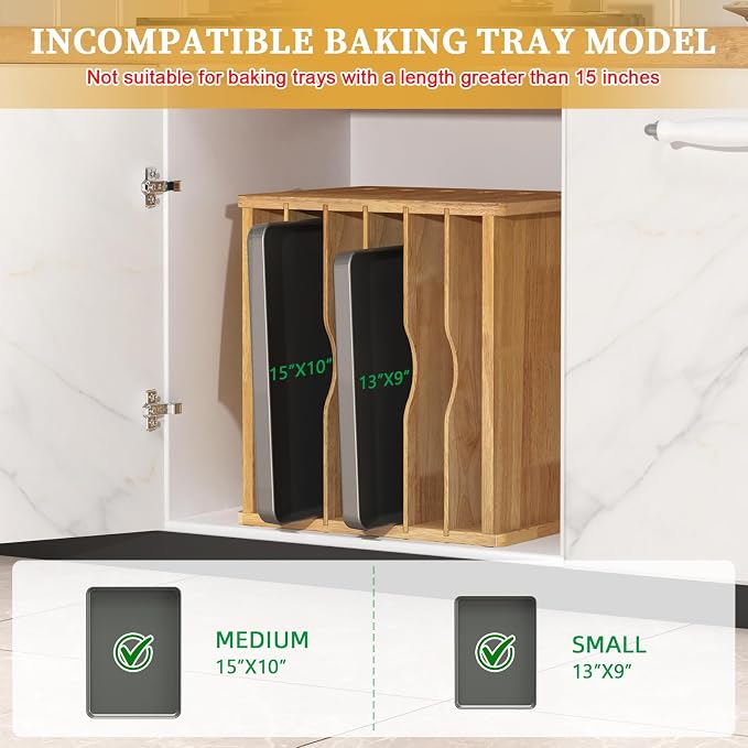 7 Tier Rubber Wood Tray Dividers for Cabinets, Heavy Weight Kitchen Vertical Tray Divider Organizer, Storing pans, Baking trays, Cutting Board(16.7" W x 16.1" H x 12.4" D)