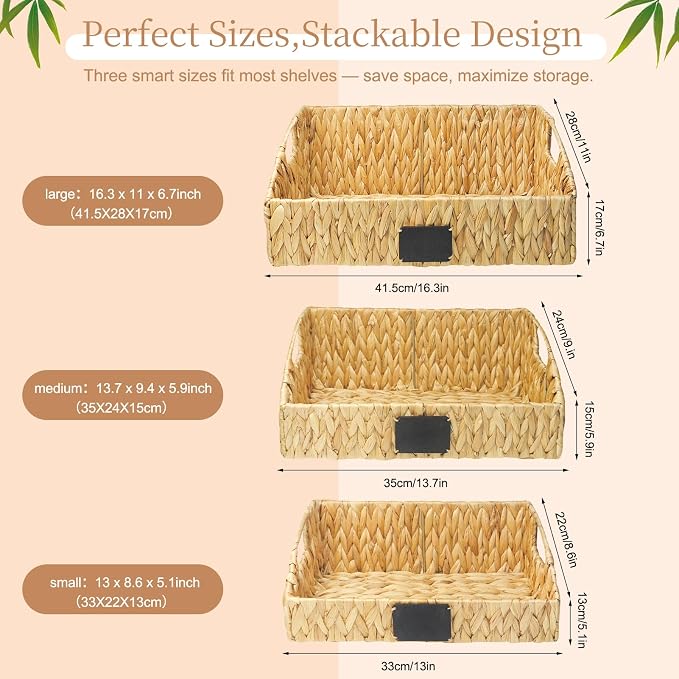 3 Pack Handwoven Wicker Basket Rattan Storage Basket with Built-in Handles for Pantry Organizers and Storage Shelves Bedroom Bathroom Laundry Room or Kitchen