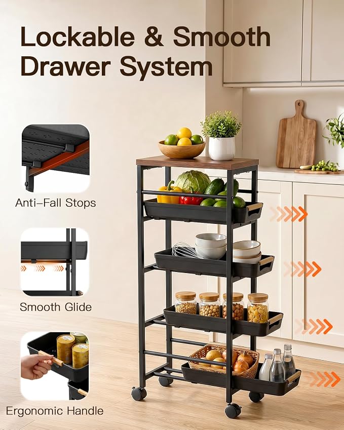Pipishell Slim Rolling Storage Cart with Drawers & Lockable Wheels, 5 Tier Kitchen Cart with Safety Stops & Vented Design, Wood Top, Pull-Out Utility Cart for Kitchen, Bathroom, Laundry Room, Black