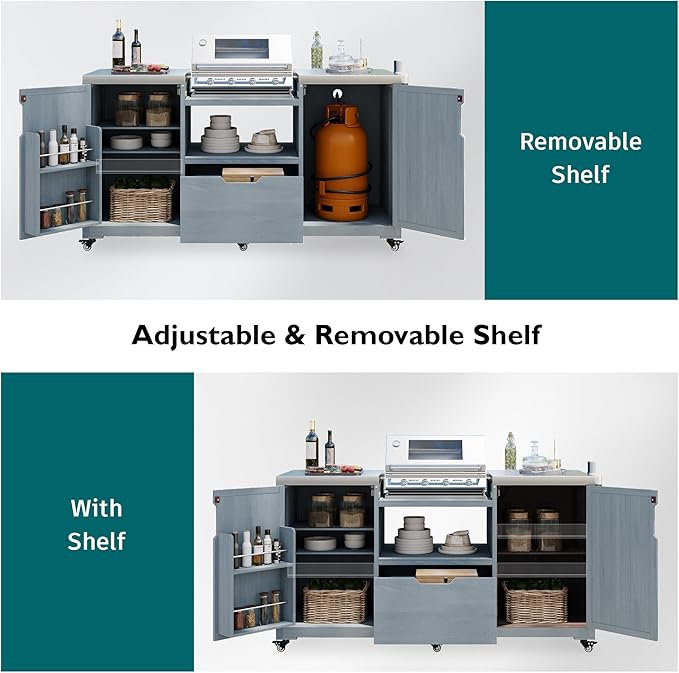Amposei Outdoor Grill Cart Table for Large Big Green Egg Accessories 66.5’’ Solid Wood Kitchen Storage Island Prep Station with Stainless Steel Top for BBQ, Grey Blue
