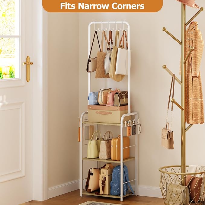 Hayexiha Tall Purse Organizer with Wood Shelves, Heavy Duty Metal Floor-Standing Handbag Storage Rack Stand for Women, Narrow & High-Capacity Bag Hanger Organizer for Closet, Bedroom, Small Space