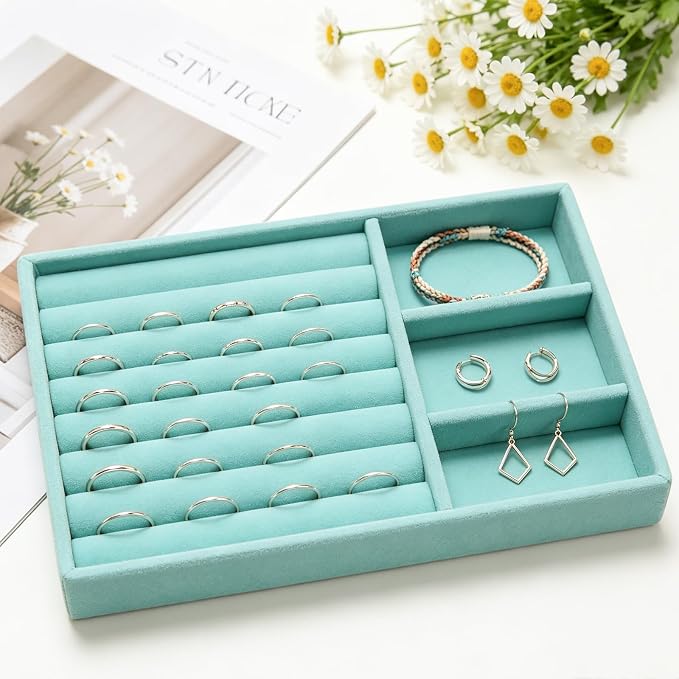 Velvet Jewelry Trays for Drawers, Blue Stackable Jewelry Drawer Organizer Inserts, Ring Earring Necklace Bracelet Holder Organizer Storage Display Tray with Removable Dividers, 2-in-1