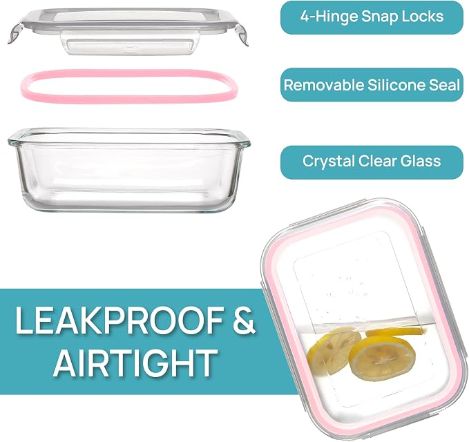 Vtopmart 5Pack 22oz Glass Storage Containers with Lids, Glass Meal Prep Food Container Sets with Snap Airtight Lid for Microwave, Oven, Freezer and Dishwasher, Pink