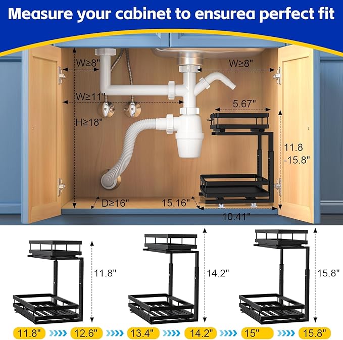 Under Sink Organizer, Dual-Rail Ball-Bearing, Under Kitchen Sink Organizer, 6-Level Adjustable, Under Cabinet Organizer, No-Drill Adhesive/Suction, Under Sink Storage (Black, Double Layer - 1 Pack)