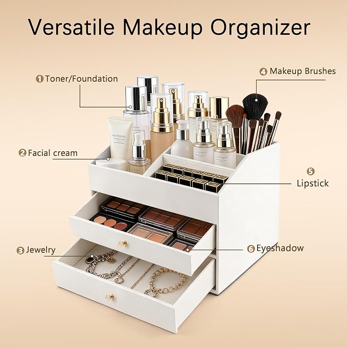 Homeanda Makeup Organizer with Drawers, PU Leather Cosmetic Storage Box Large Cosmetic Display Case for Skincare, Lipstick, Brushes, Bedroom Storage(White)