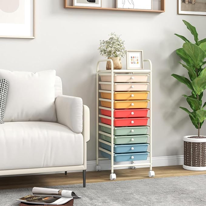LDAILY 10-Drawer Rolling Storage Cart, Rolling Storage Cart, Storage Organizer on Wheels, Metal Frame, Scrapbook Paper Tools, Suitable for Office School, Classroom (Macaron, 10 Drawer)