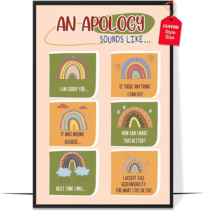 LOLUIS Mental Health Poster, Boho Therapy Tools Educational Supplies Art Print Classroom School Office Decor (An Apology Sounds Like, Custom Frame Type)