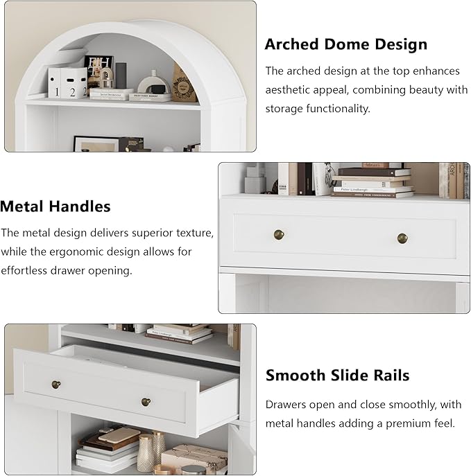 71" Tall Arched Bookshelf, 5-Tier Bookcase with Drawer, Farmhouse Storage Book Shelf with Open Shelves for Living Room, Dining Room, White