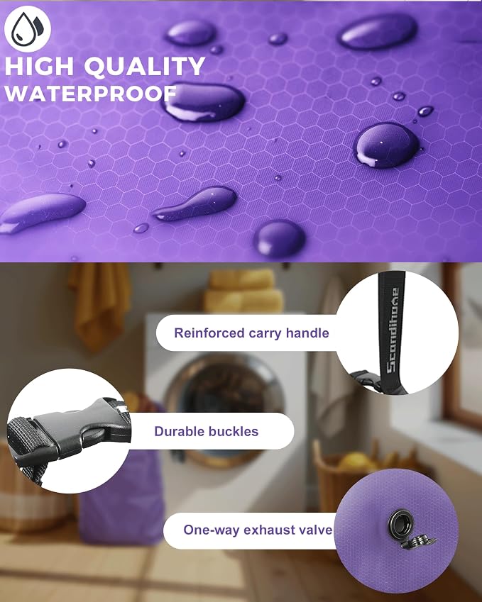Compression Travel Laundry Bag for Dirty Clothes, Pump-Free Laundry Bag for Suitcase & Dorm, Waterproof Wet Dry Clothes Organizer, Large Capacity Space Saving Travel Bag (1 Pcs)(Purple, L)