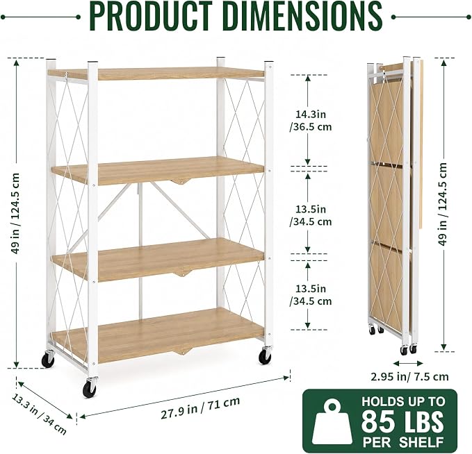 black leopard 4-Tier Foldable Shelf with Wheels, Wood-Grain Steel Shelves | Pre-assembled frame unfolds in seconds with tool-free wheel setup for fast, convenient use.