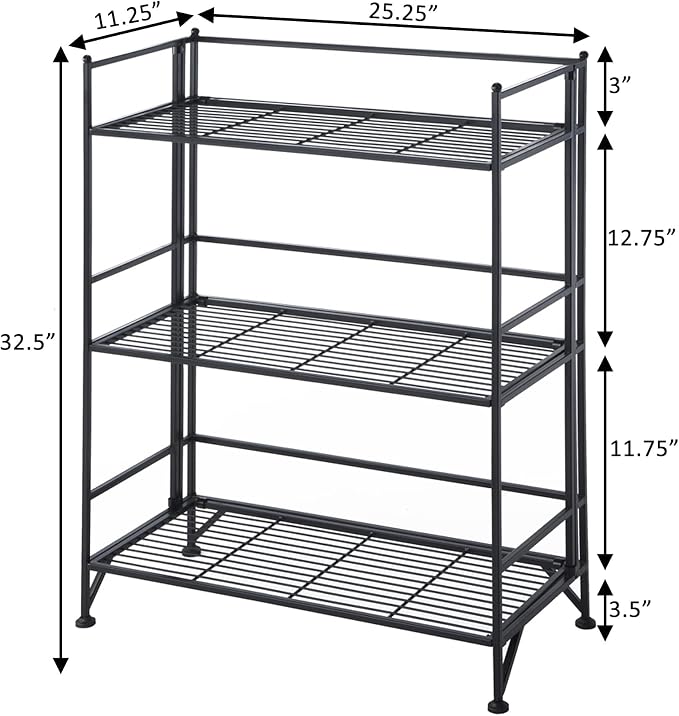 Convenience Concepts Xtra Storage Shelves - 3-Tier Wide Folding Metal Storage Shelves, Closet Organizer for Office, Laundry Room, Bedroom, Garage, Kitchen, Bathroom, Black