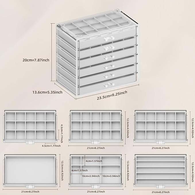 Clear Jewelry Organizer Earring Holder Organizer, Jewelry Box with 6 Drawers Clear Acrylic Stackable Earring Case with Adjustable Velvet Trays for Women and Girls, Grey