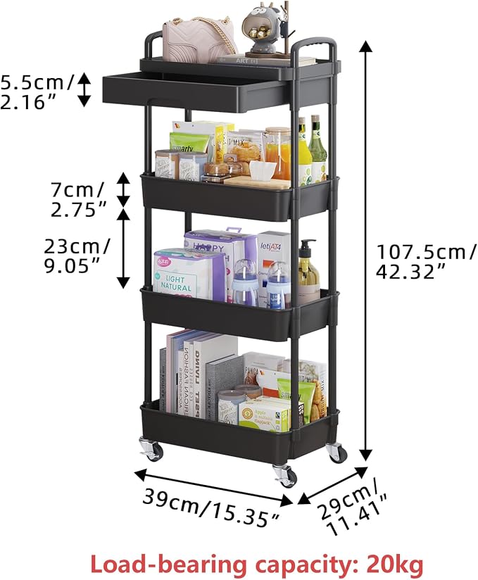 Calmootey 4-Tier Rolling Utility Cart with Drawer,Multifunctional Storage Organizer with Plastic Shelf & Metal Wheel,Storage Cart for Kitchen,Bathroom,Living Room,Office,Black | Space-Saving Organizer, Sturdy Plastic Shelves, Smooth-Rolling Metal Wheel...