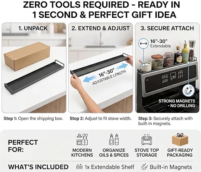 AWOKE Magnetic Over the Stove Shelf, 16" to 30" Extendable Steel Spice Rack for Back of Stove, Above Oven Storage Organizer, Stove Top Shelf for Kitchen Range, Heat Resistant Ledge for Spices & Oils