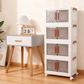 4 Tier Storage Bins with Lids, Stackable Storage Bins with Wheels and Door, Storage Cabinet Organizers for Home Foldable Containers (Transparent Door)