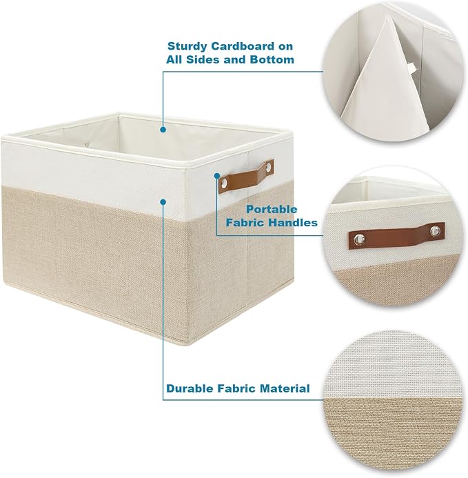 4 Pack Large Fabric Storage Baskets with Handles (White with Beige,15" L*13" W*13" H)