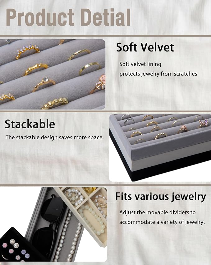 Jewelry Organizer Trays Set of 8,Velvet Jewelry Tray Stackable Storage Drawer Trays for Earring Ring Necklace Jewelry Display Case(8 Set,Gray)