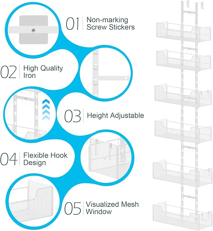 Hongtamoya Adjustable Over The Door Organizer, Metal Hanging Door Organizer with 6 Baskets and 5 Hooks, Behind The Door Storage for Closet Pantry Cabinet Kitchen Bathroom, White