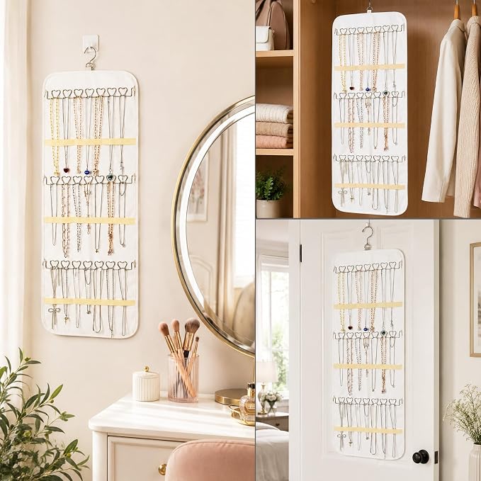 2 Pack Hanging Jewelry Organizer Storage with 48 Pockets and Hooks Dual-Sided Hanging Jewelry Organizers and Storage Hang on Closet, Wall, Door for Earrings, Necklaces, Rings,Beige