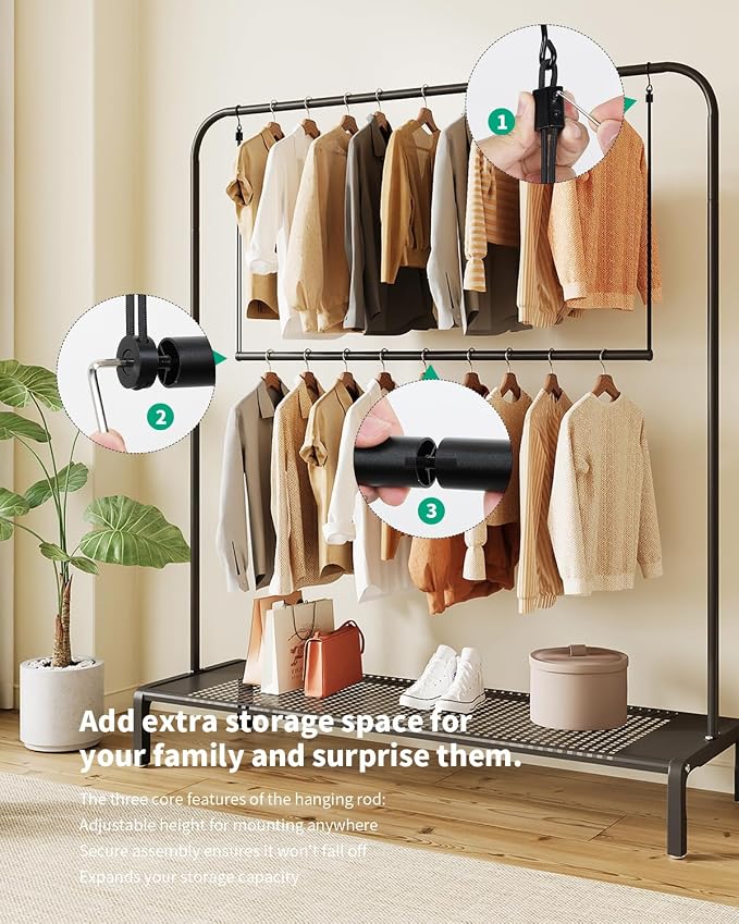 BaiNong Adjustable Closet Hanging Rod 48" Black Closet Rod Extender | Heavy Duty Double Hanging Closet Rod, Walk-in Closets, and Clothes Rack to Maximize Storage Space