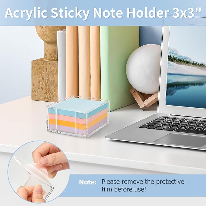 Acrylic Sticky Note Holder, 3 x 3 Crystal Clear Sticky Note Dispenser Acrylic Notepad Holder for School Home Office Desk Organization