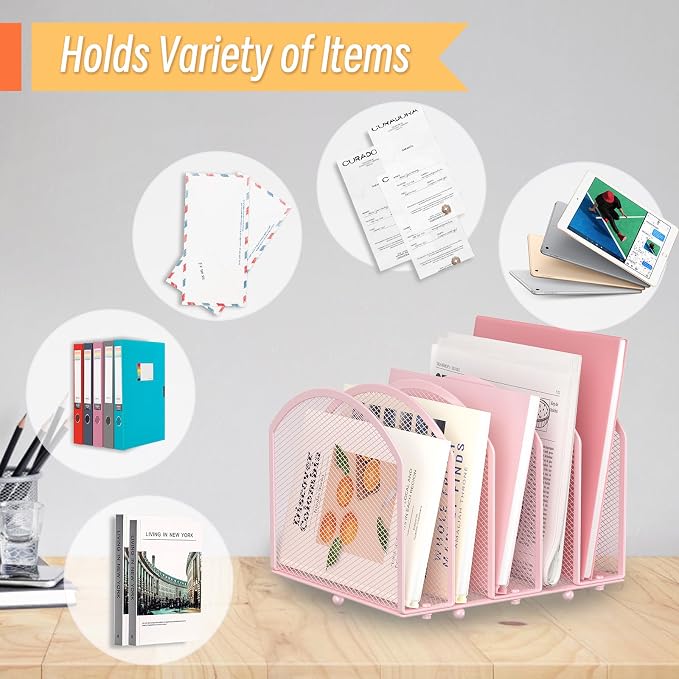 MINDEPOT Desk File Organizer 5 Sections Desktop Organizer File Sorter Office Organization File Folder Holder for Office School & Classroom (Pink, 5 Section - 1Pack)