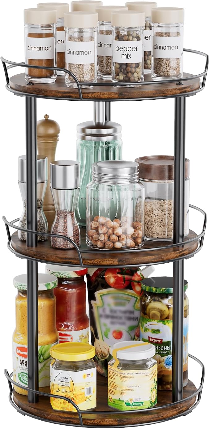 10'' Rotating Spice Rack, 3-Tier Lazy Susan Turntable Organizer | Wooden, for Cabinet, Table Top, Kitchen Countertop, Pantry, Bathroom, Vanity, Home Decor
