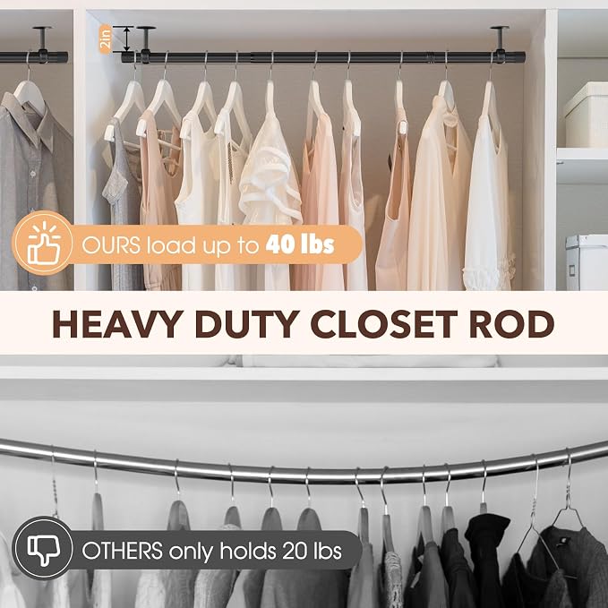 SUTINE Closet Rod, Closet Rods for Hanging Clothes, 17 to 37 inch Adjustable Ceiling/Wall mounted Closet Hanging Rod, Heavy Duty Clothes Rod Clothing Bar, Closet Poles for Hanging Clothes for Wardrobe
