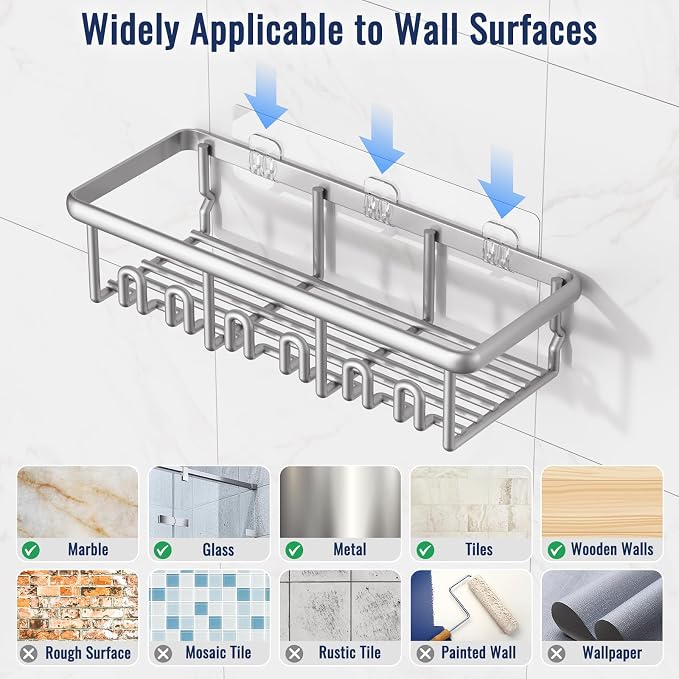 8 Pack Adhesive Rustproof Shower Caddy with Soap Dishes, Toothbrush Holder & Hooks, Large Capacity No-Drilling Shower Shelves Rack for Bathroom Organizers and Storage Accessories, Silver