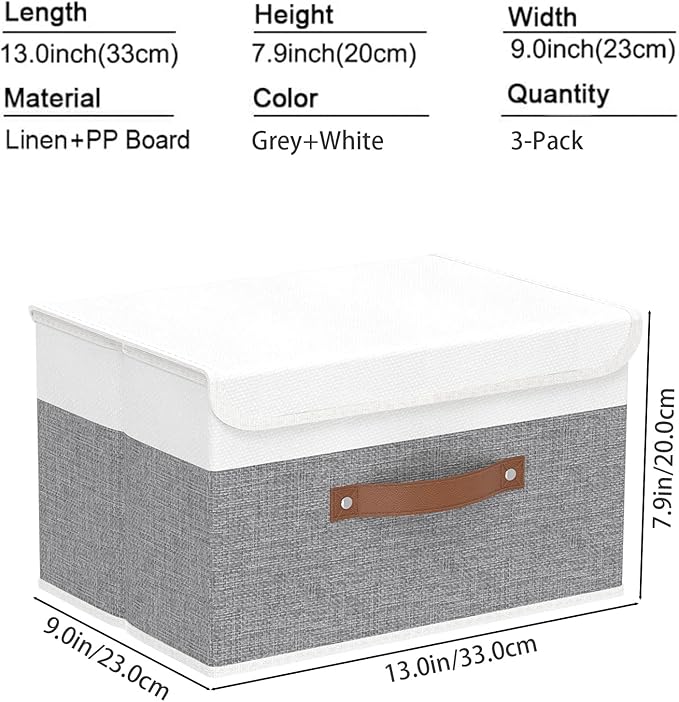 Yawinhe Collapsible Storage Bin, Cube Organizer Basket, Fabric Box with Lids, Washable and Leather Handle, for Home, Closet, White/Grey, 13.0''Lx9.0''Wx7.9''H, 3-Pack, SNK024WGS-3