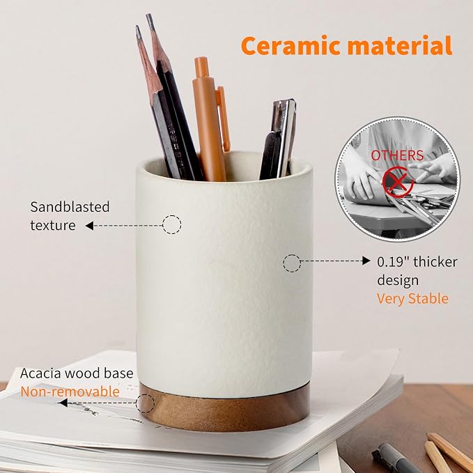 Ceramic Pen Holder for Desk, Pencil Cup Organizer and Makeup Brush Holder, Pen Cup Office Desk Accessories(White,Set / 1)
