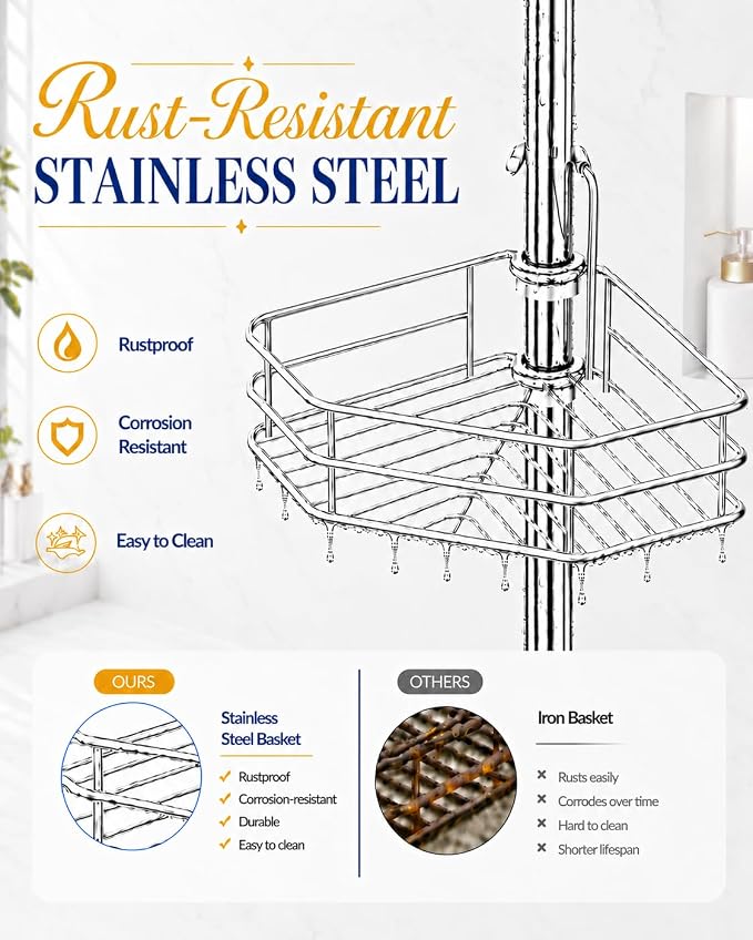 SEIRIONE Corner Shower Caddy Tension Pole, Quick Setup, Rust-Free Bathroom Shower Organizer Corner for Bathtub Shampoo Storage, 4-Tier Adjustable Shelf, Drill Free, Fits 34 to 116 Inch Height, Chrome
