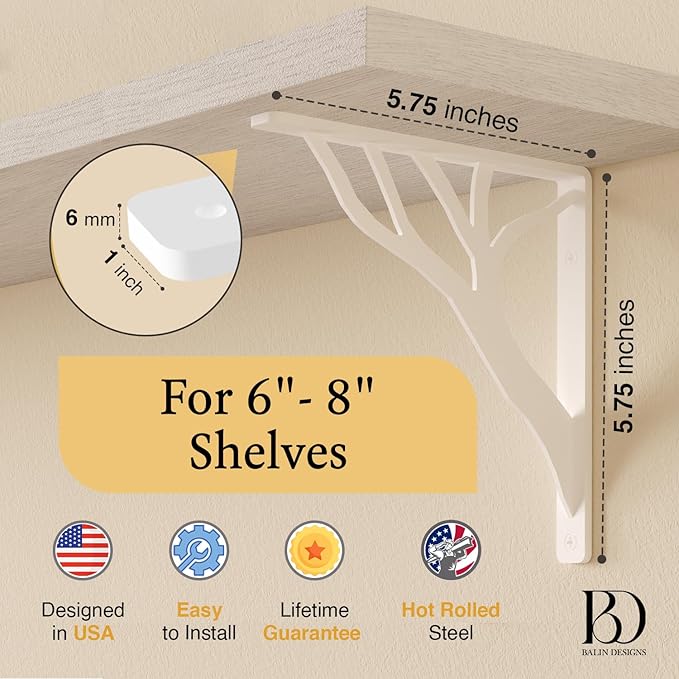Rustic Tree White Heavy Duty Shelf Brackets 6 inch by Balin Designs, Decorative L Brackets, Iron Metal Floating Shelf Bracket, Wall Mount Shelving Bracket, Included Hardware, Set of 4