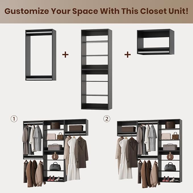 ROOMTEC Modular Closet System, 84" Wall-Mounted Closet Organizer with Hanging Rods, Modern Wooden Tower for Walk-In Closets, Wardrobe Storage Kit, Black