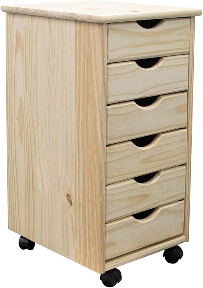 Jela-USA Solid Pine Wood 6 Drawer Rolling Cart, Natural