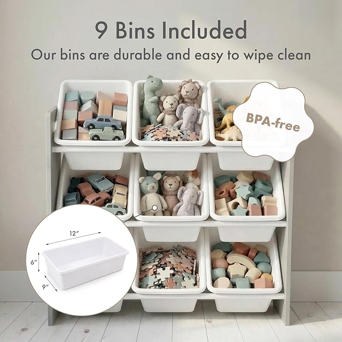 Humble Crew Toy Storage Organizer with 9 Removable Storage Bins for Kids Playroom, 3-Tier Toddler Toy Organization and Storage, Grey/White
