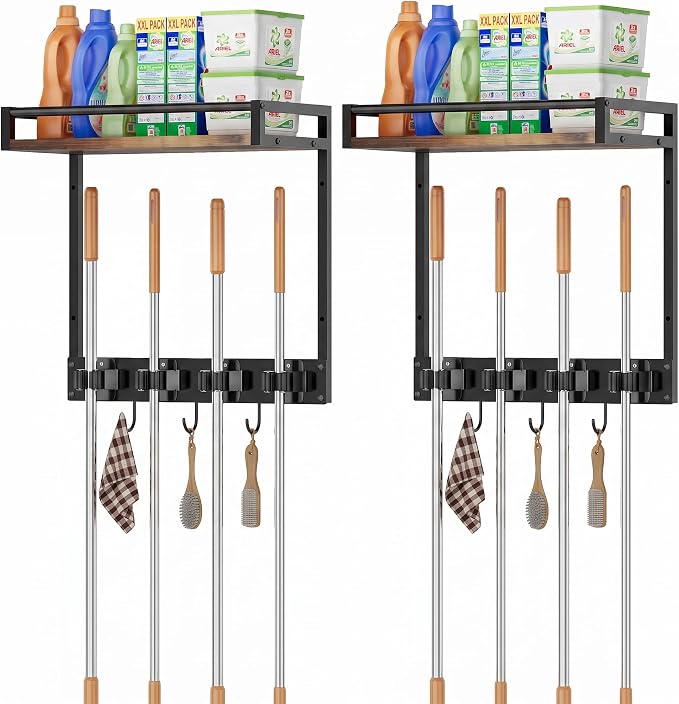 2 Packs Broom Holder Wall Mount with Shelf Load 66LBS Broom and Mop Organizer Wall Hanging Broom Hanger with 4 Mop Hanger Grippers, 3 Hooks for Laundry Room, Garage, Utility Closet, Kitchen