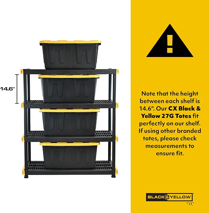 CX Black & Yellow 27-Gallon Heavy Duty Stackable Storage Bins with Lids, Dorm Room Essentials, Moving Boxes, Back to School, Classroom Organization, Home Organization, 4 Pack (14.3"H x 20.6"W x 30.6"D)
