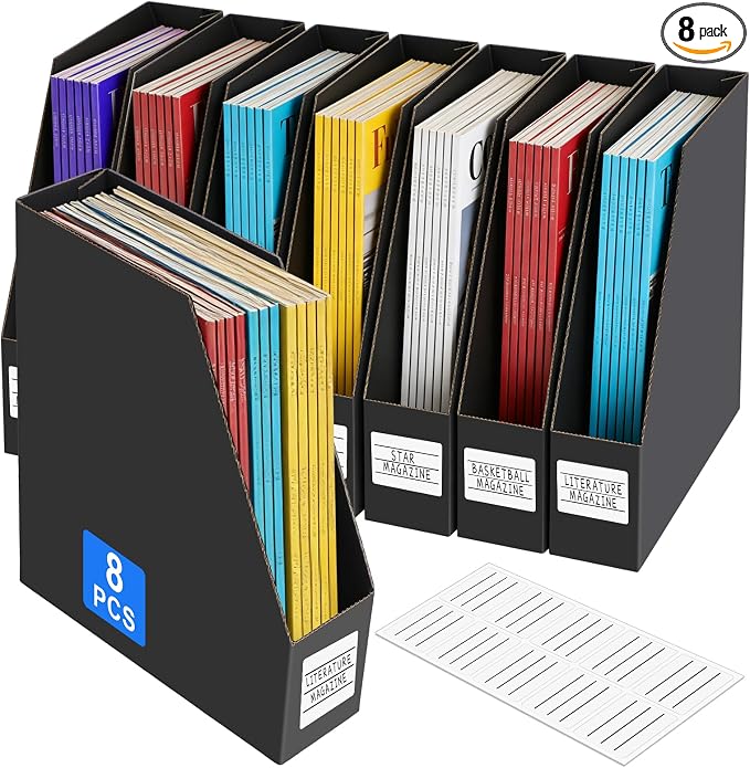 YOTINO Black Magazine Holder, 8 Pack Cardboard Magazine File Holders, Vertical Desktop File Holder Organizer, Sturdy Magazine Rack for Office, Home and Classroom