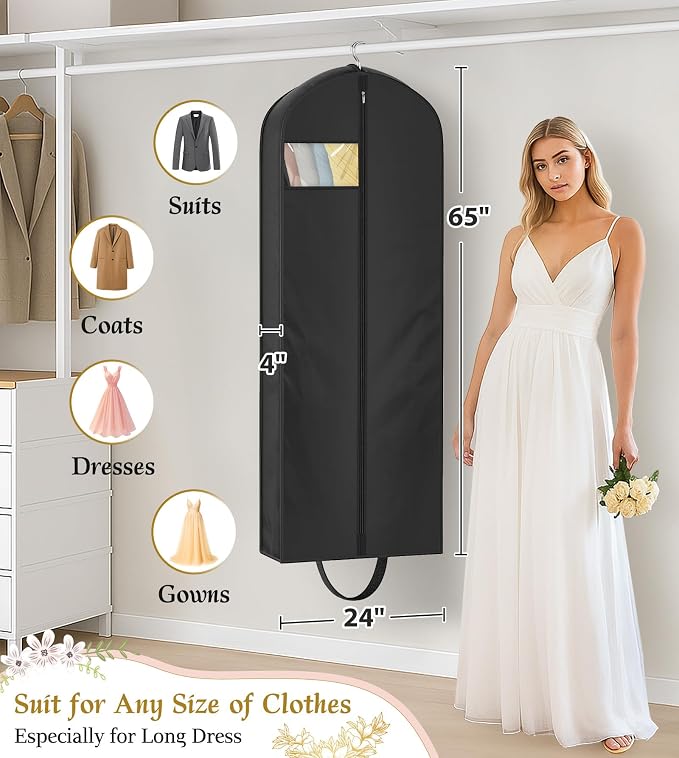 KEETDY Wedding Dress Garment Bag for Travel with 4" Gusseted Long Hanging Dress Bags for Gowns for Women Garment Cover Clothes Storage for Closet (Black, 65 inch)