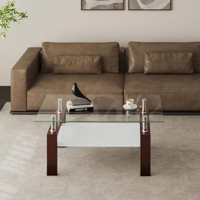 Meihua Rectangle Glass Coffee Table for Living Room, Modern Center Table Metal Tube Legs for Home Office (Brown)