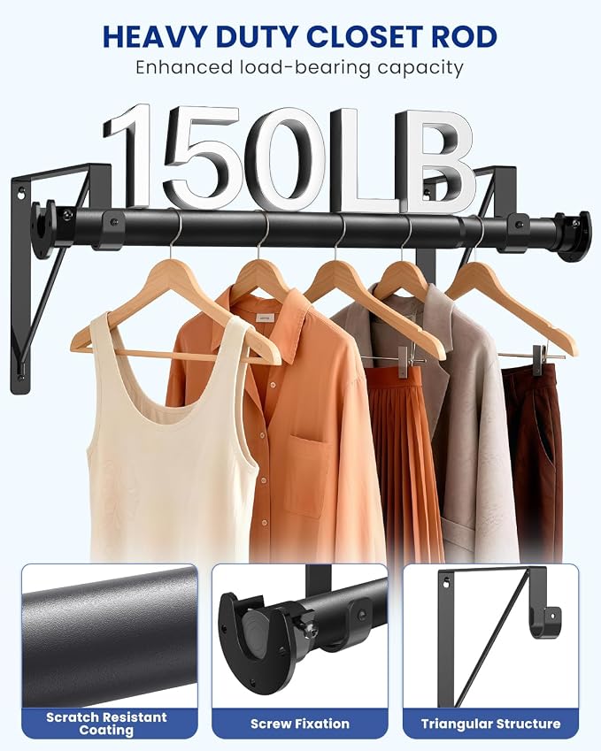 Supforce Adjustable Closet Rod with Triangular Brackets, 17-39in, Black | 1.3in Metal Closet Rod Supports Up To 150 lb, Heavy Duty Rod Reduces Sagging and Mount Securely for Wardrobes Closet Laundry