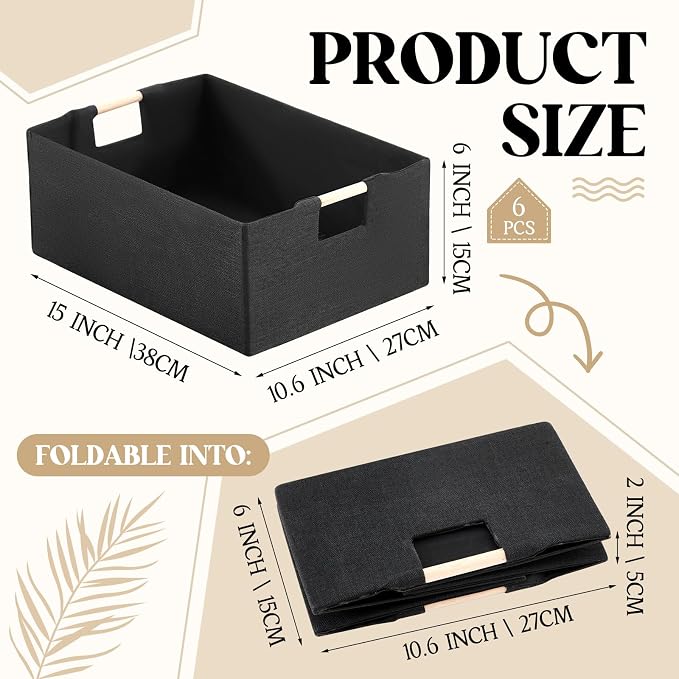 Cinnvoice 6 Pack Fabric Storage Bins for Closet Shelves, 15 x 10.6 x 6 Inch Black Rectangle Wardrobe Organizer with Handle, Collapsible Shelves Storage Basket for Sorting Clothes and Toy