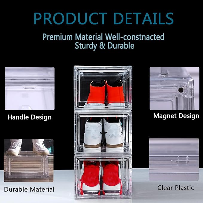 12 Pack Shoe Boxes, Rigid Clear Acrylic Panels Sneaker Display Cases | Magnetic Stackable Drop Front Shoe Storage Container Fits Men’s Size 15