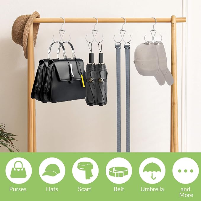 6 Pack Purse Hanger for Closet, 12 Storage Capacity Rotatable Purse Hooks, Hanging Backpack Bag Holder, Closet Organizers and Storage, Silver