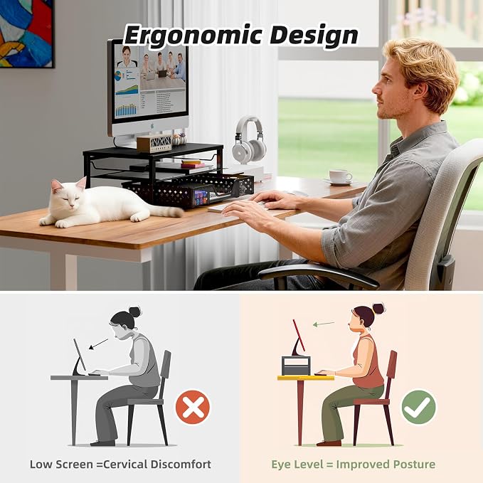 Simple Trending Desk Organizer and Accessories, 2-Tier Computer Monitor Stand Riser with Drawer, Office Desk Accessories & Workspace, Laptop & Printer Stand for Desktop, Black