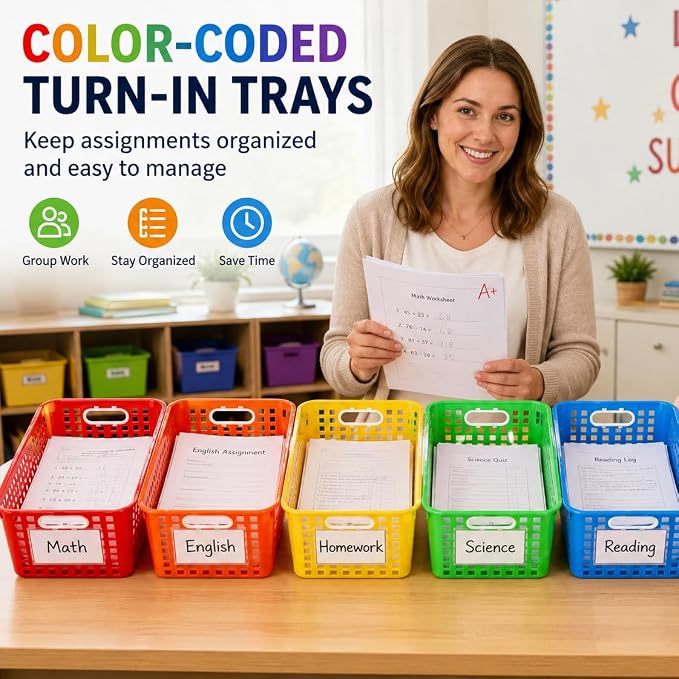 6 Pack Plastic Classroom Storage Baskets, Organizer Bins with Handle | Rainbow Color 11" × 7.1" × 4.6" Medium Papers Book Storage Organizer for School Classroom Library Office Home Desktop Closets