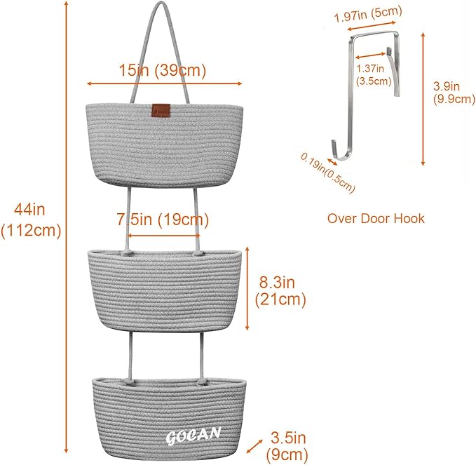 GOCAN Hanging Storage Baskets Over the Door Hanging Basket, 3-Tier Cotton Rope Woven Hanging Organizer, Detachable Decorative Hanging Baskets for Wall Living Room, Bathroom and Bedroom(grey)